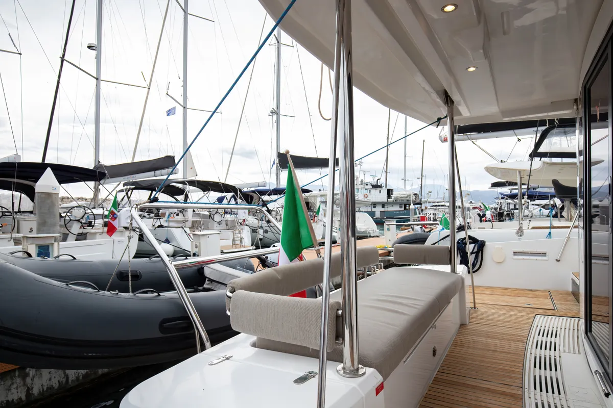 Deck of Peppina - Standard Line, a Bali 4.2 catamaran at Salerno, Italy