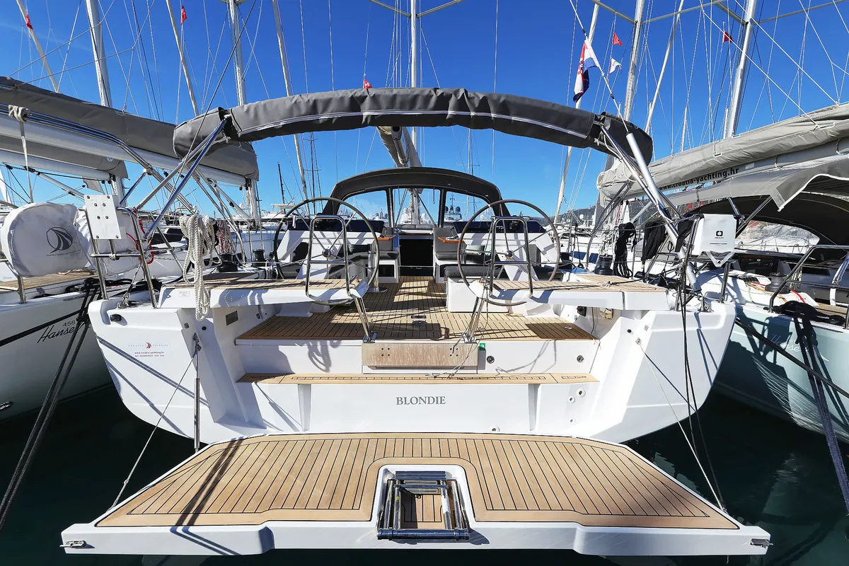 Exterior view of Blondie - Ow, a Hanse 460 sailboat at Grad Kaštela, Croatia