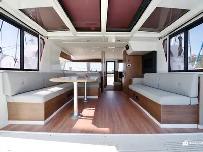 Salon of Orsa 1, a Bali 4.2 catamaran at Cannigione, Italy