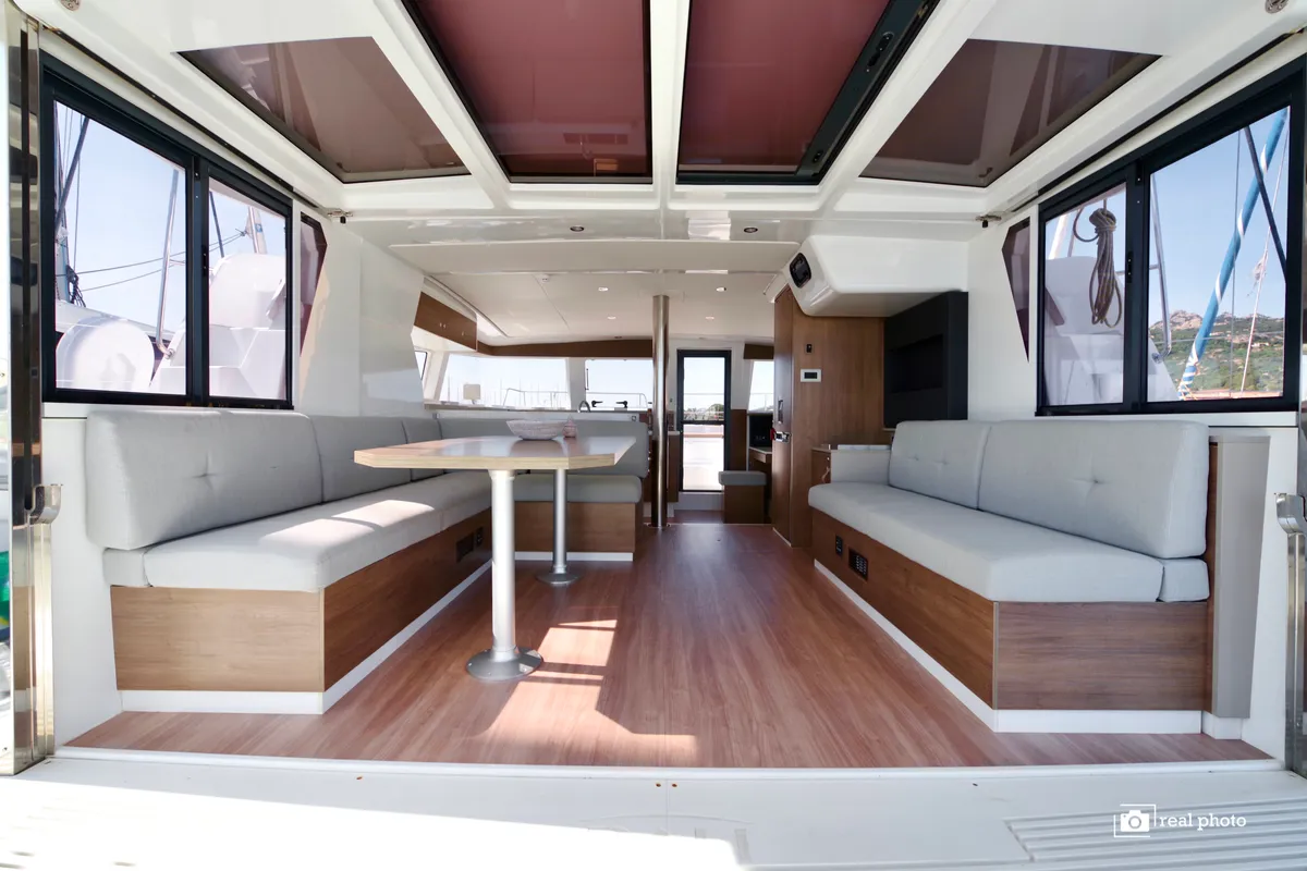 Salon of Orsa 1, a Bali 4.2 catamaran at Cannigione, Italy