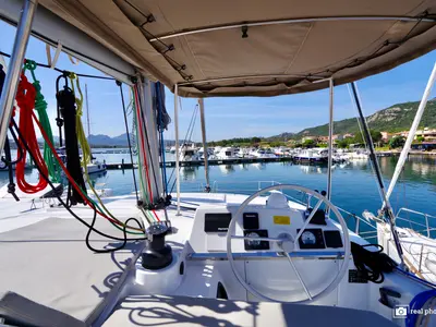 Cockpit of Orsa 1, a Bali 4.2 catamaran at Cannigione, Italy