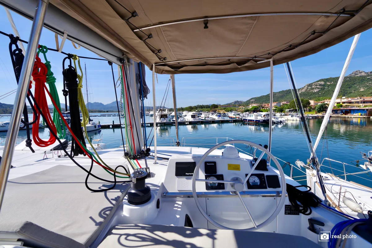 Cockpit of Orsa 1, a Bali 4.2 catamaran at Cannigione, Italy