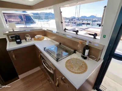 Galley of Orsa 1, a Bali 4.2 catamaran at Cannigione, Italy