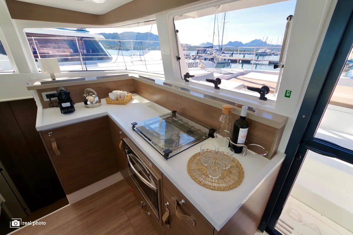 Galley of Orsa 1, a Bali 4.2 catamaran at Cannigione, Italy