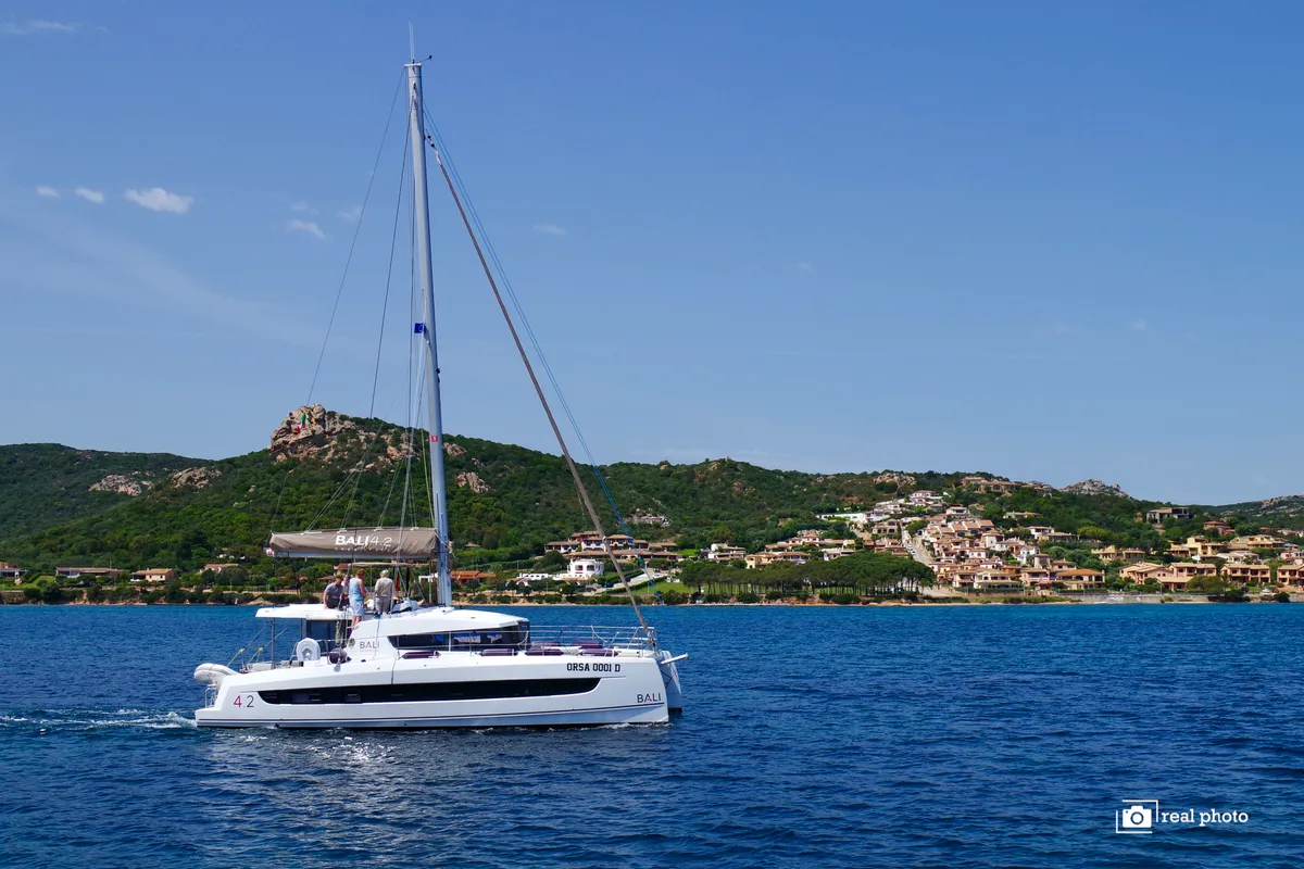 Exterior view of Orsa 1, a Bali 4.2 catamaran at Cannigione, Italy