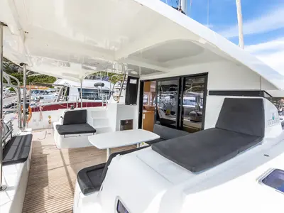 Cockpit of Ocean Star, a Lagoon 42 catamaran at Primošten, Croatia