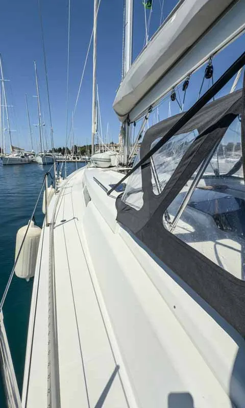 Deck of Sea Legend, a Hanse 455 sailboat at Grad Pula, Croatia