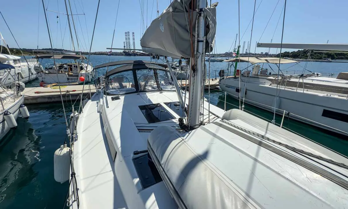 Deck of Sea Legend, a Hanse 455 sailboat at Grad Pula, Croatia