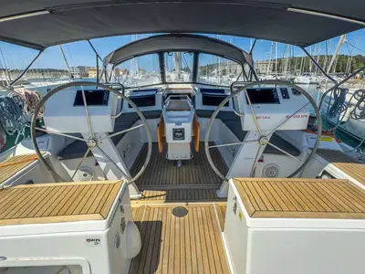 Cockpit of Sea Legend, a Hanse 455 sailboat at Grad Pula, Croatia