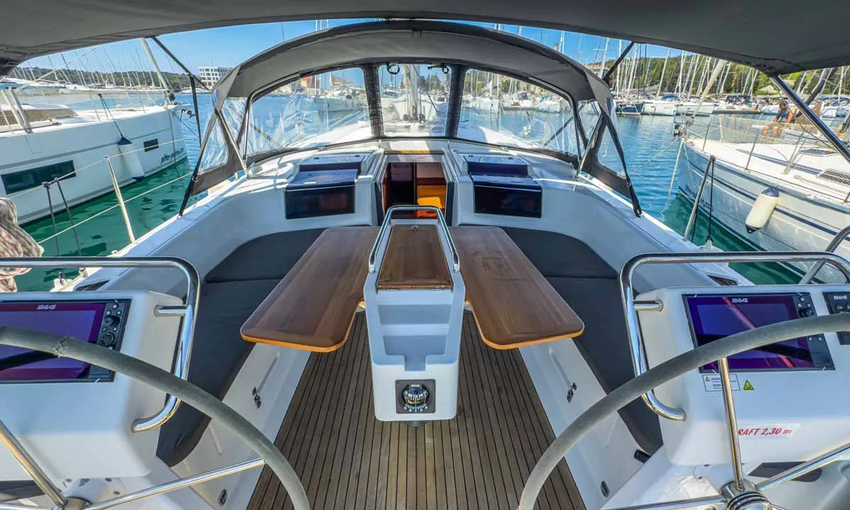 Cockpit of Sea Legend, a Hanse 455 sailboat at Grad Pula, Croatia