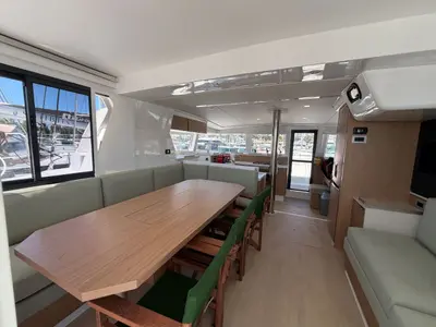 Salon of OCTOPUSSY, a Bali 4.2 catamaran at Athens, Greece