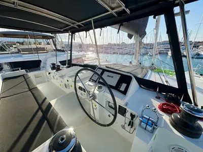 Cockpit of EmoSEAon, a Lagoon 450 F catamaran at Municipal Unit of Lefkada, Greece
