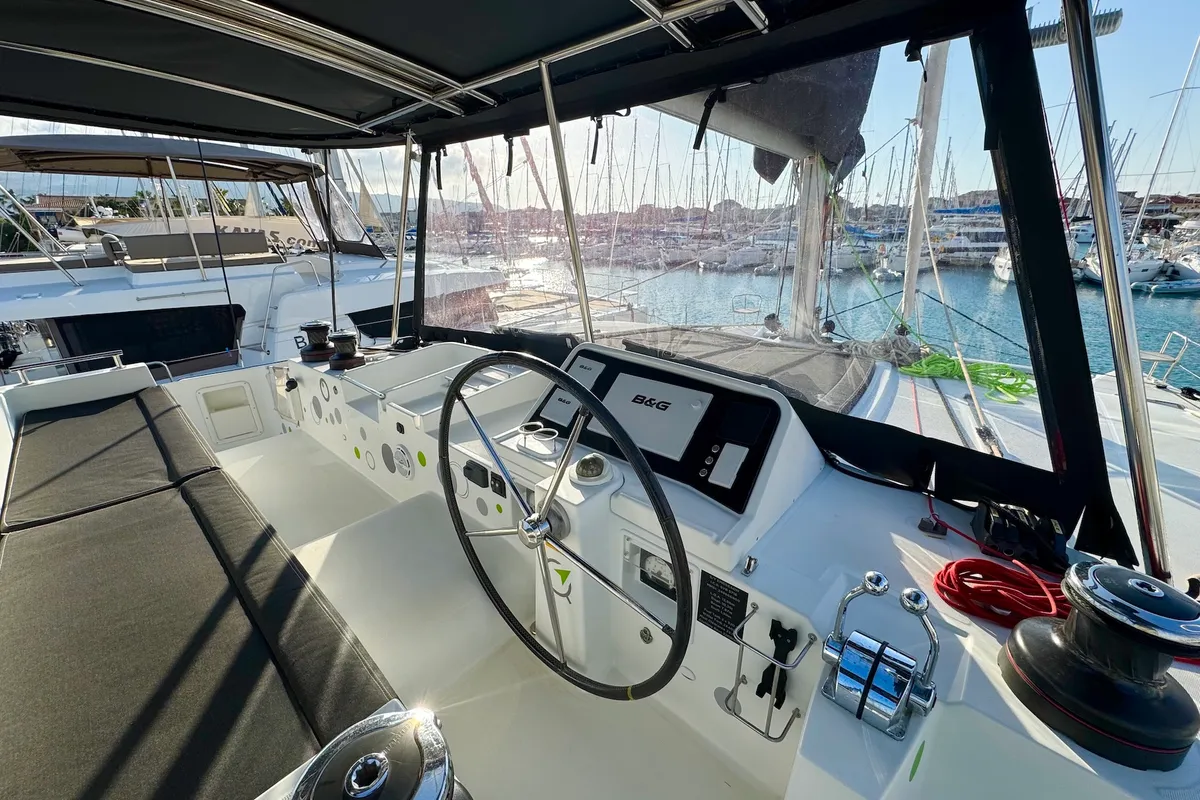 Cockpit of EmoSEAon, a Lagoon 450 F catamaran at Municipal Unit of Lefkada, Greece