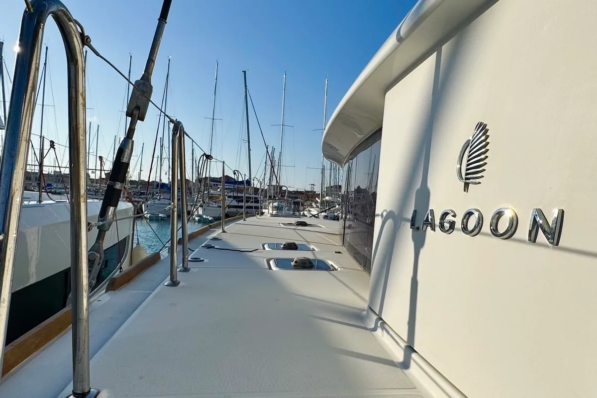 Deck of EmoSEAon, a Lagoon 450 F catamaran at Municipal Unit of Lefkada, Greece