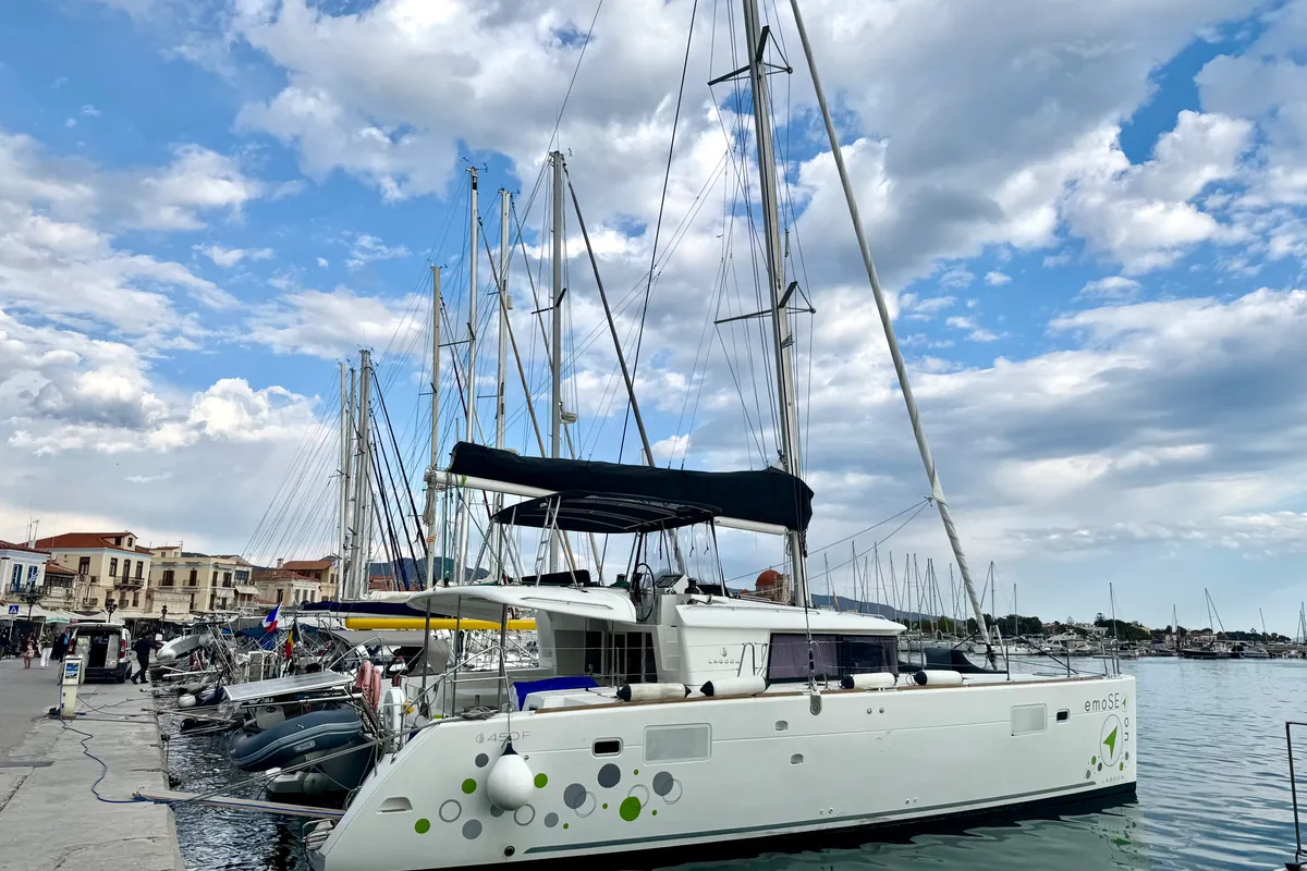 Exterior view of EmoSEAon, a Lagoon 450 F catamaran at Municipal Unit of Lefkada, Greece