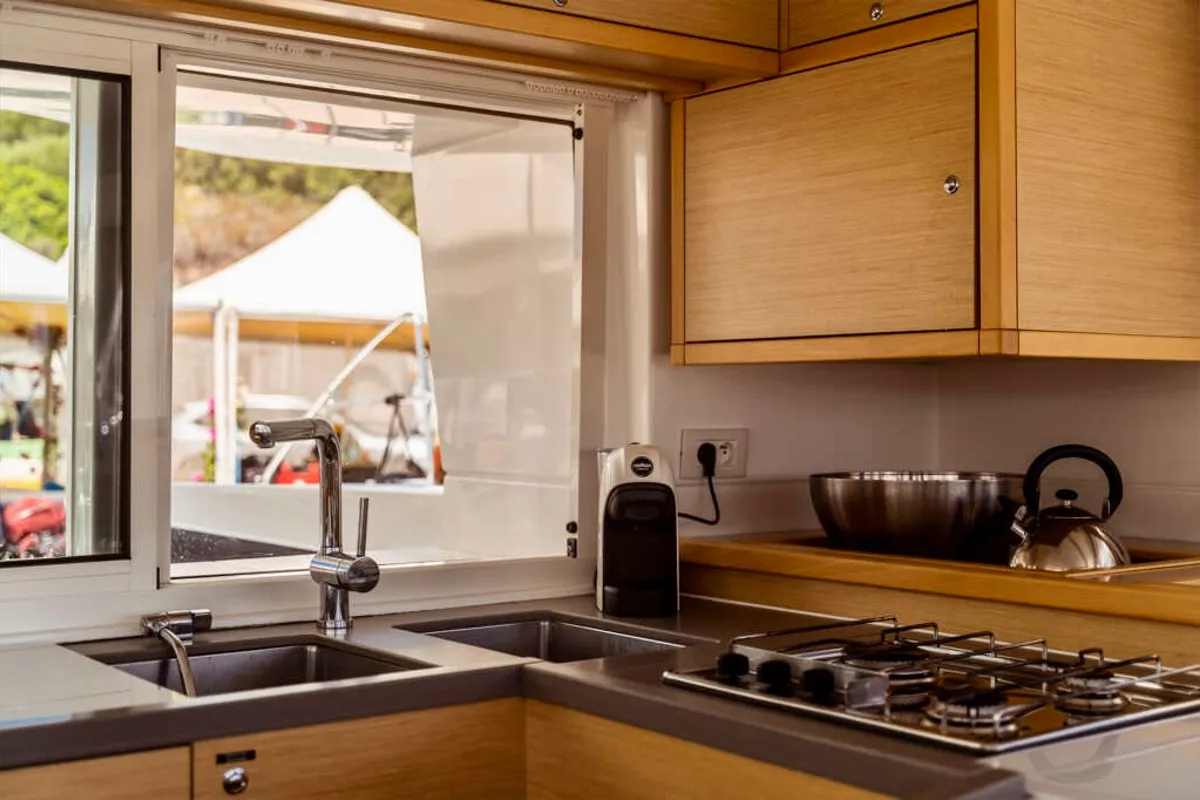 Galley of EmoSEAon, a Lagoon 450 F catamaran at Municipal Unit of Lefkada, Greece