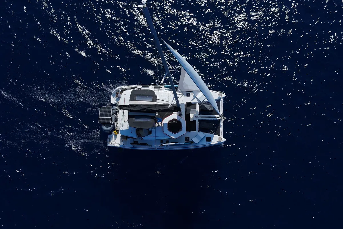 Exterior view of EmoSEAon, a Lagoon 450 F catamaran at Municipal Unit of Lefkada, Greece