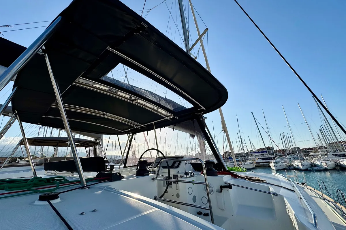 Cockpit of EmoSEAon, a Lagoon 450 F catamaran at Municipal Unit of Lefkada, Greece