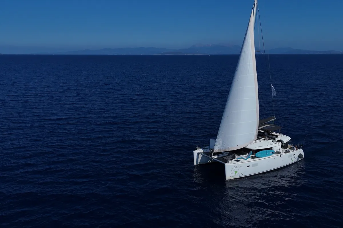 Exterior view of EmoSEAon, a Lagoon 450 F catamaran at Municipal Unit of Lefkada, Greece