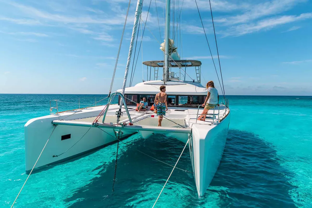 Deck of Queen of Hearts, a Lagoon 52 catamaran at Athens, Greece