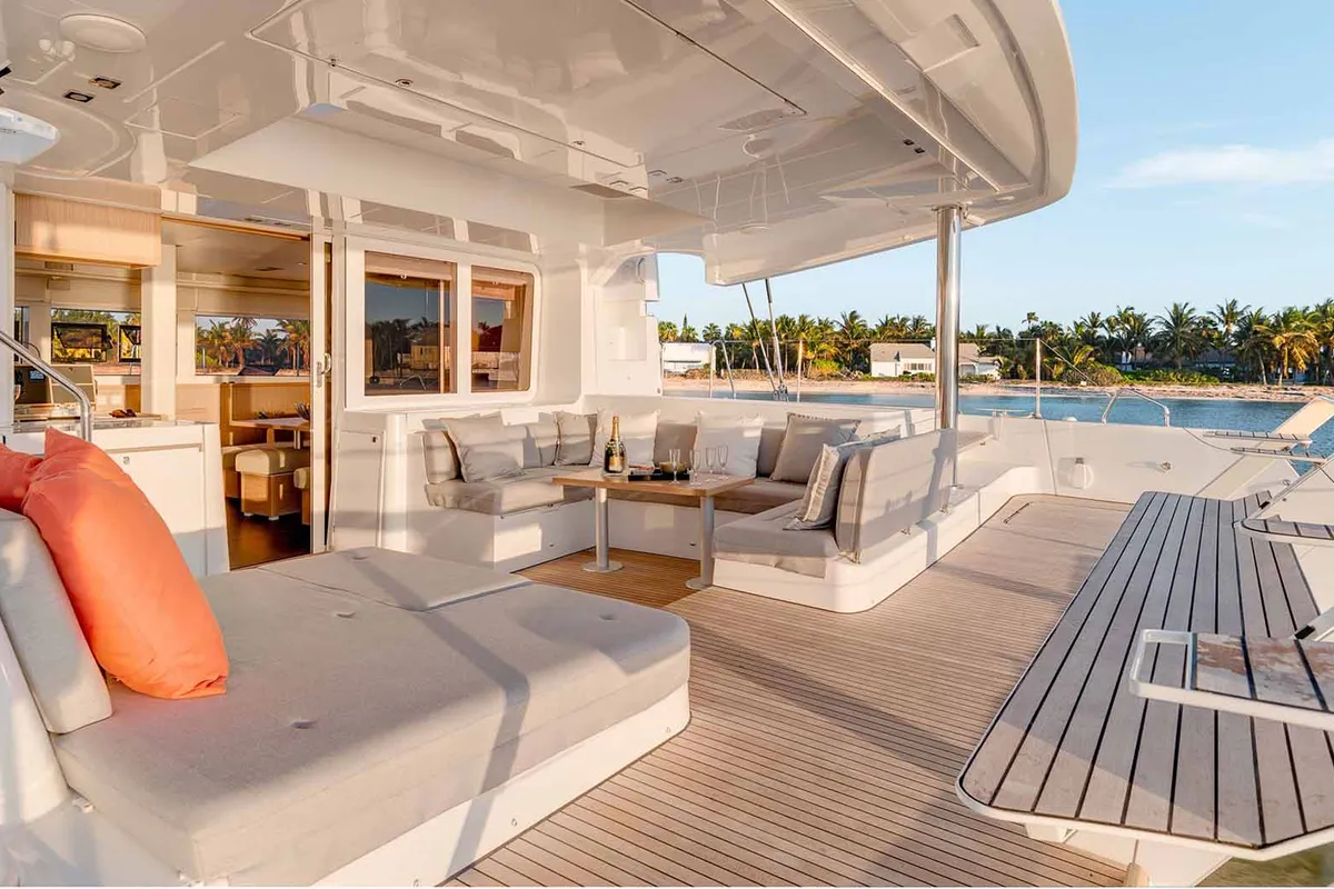 Exterior view of Queen of Hearts, a Lagoon 52 catamaran at Athens, Greece