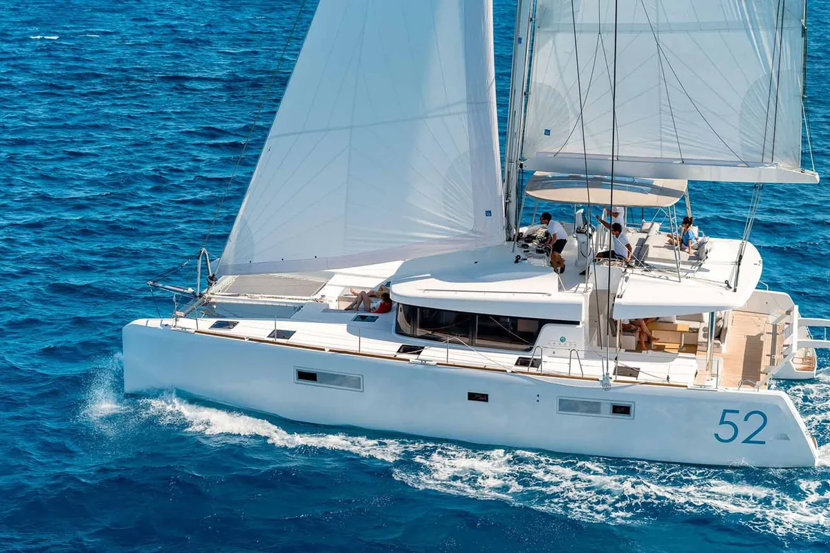 Exterior view of Queen of Hearts, a Lagoon 52 catamaran at Athens, Greece