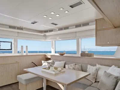 Deck of Queen of Hearts, a Lagoon 52 catamaran at Athens, Greece