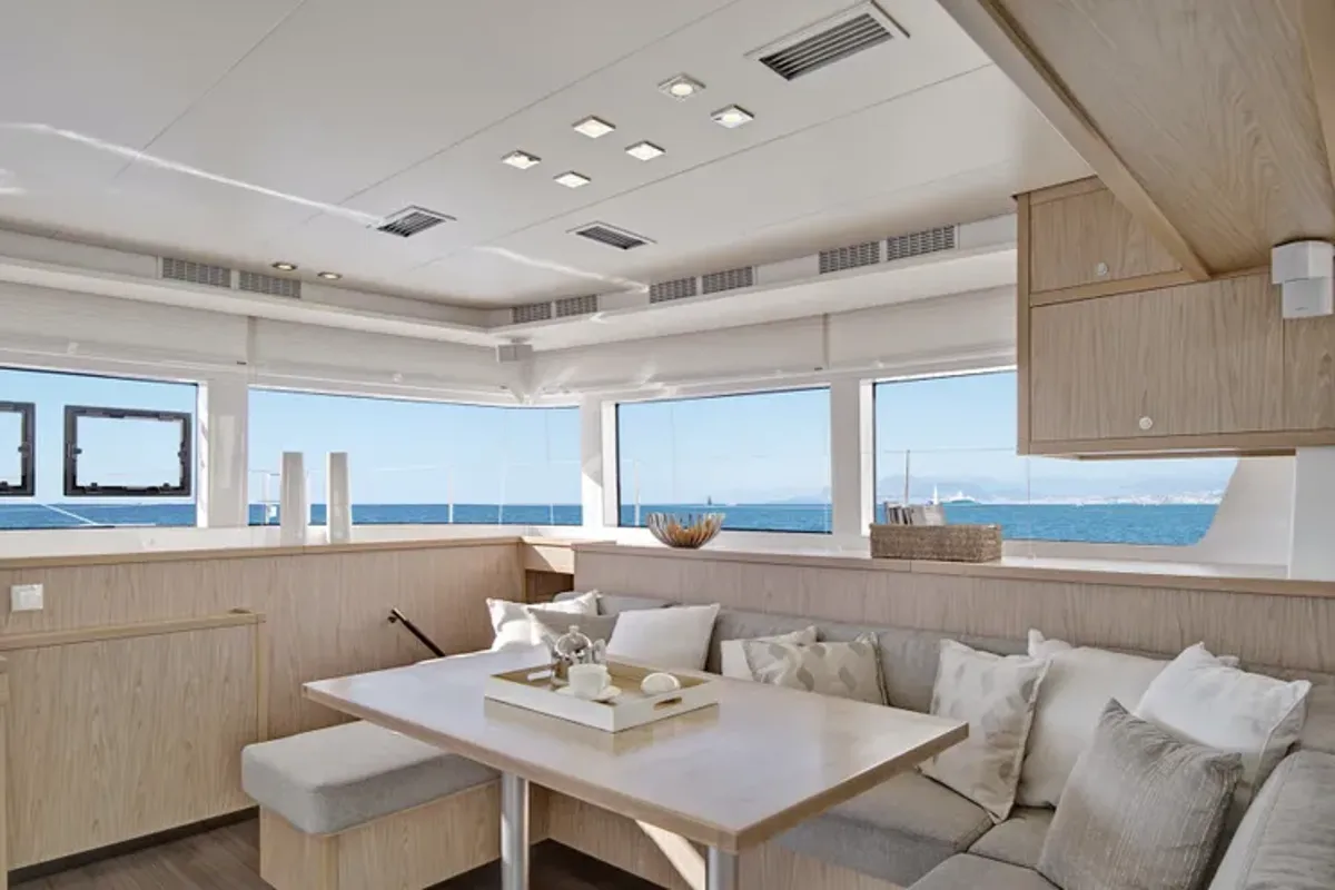 Deck of Queen of Hearts, a Lagoon 52 catamaran at Athens, Greece