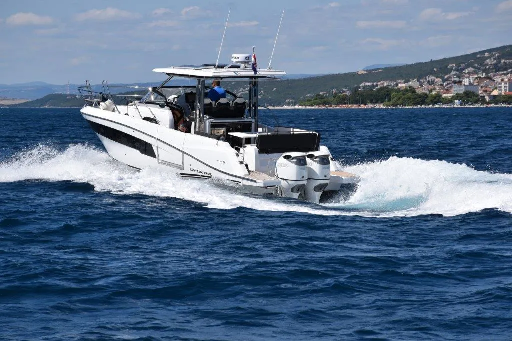 Exterior view of 272679 ZD, a Jeanneau Cap Camarat 10.5 WA motorboat at Zadar, Croatia