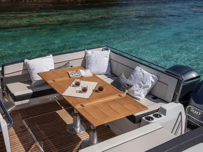 Deck of 272679 ZD, a Jeanneau Cap Camarat 10.5 WA motorboat at Zadar, Croatia