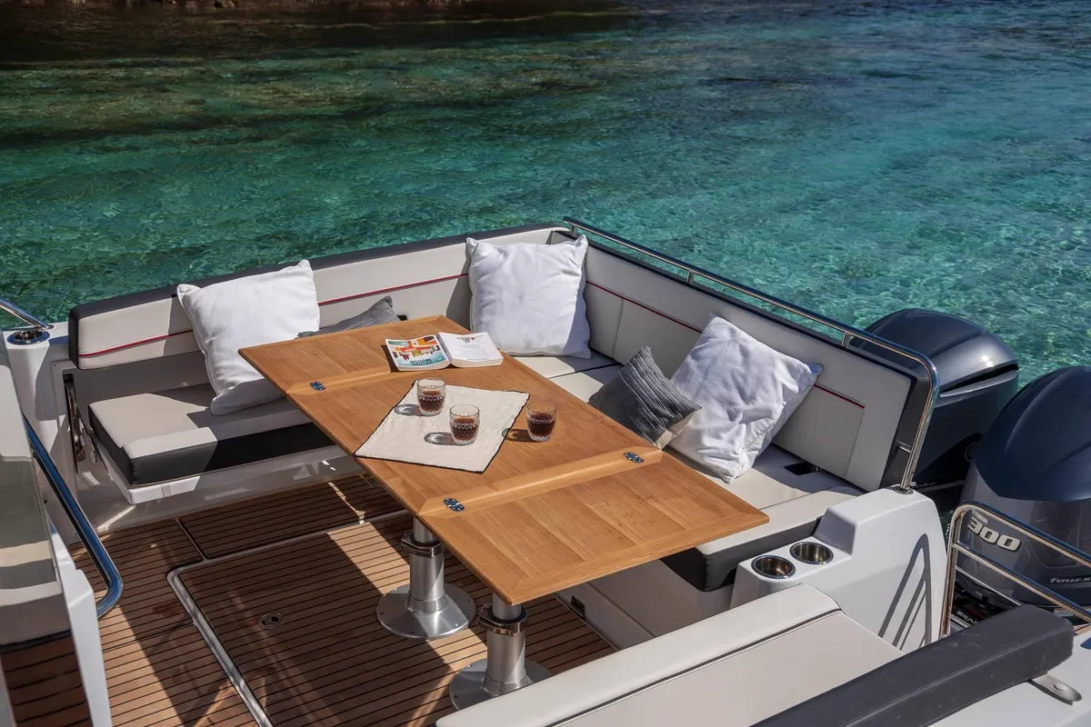Deck of 272679 ZD, a Jeanneau Cap Camarat 10.5 WA motorboat at Zadar, Croatia