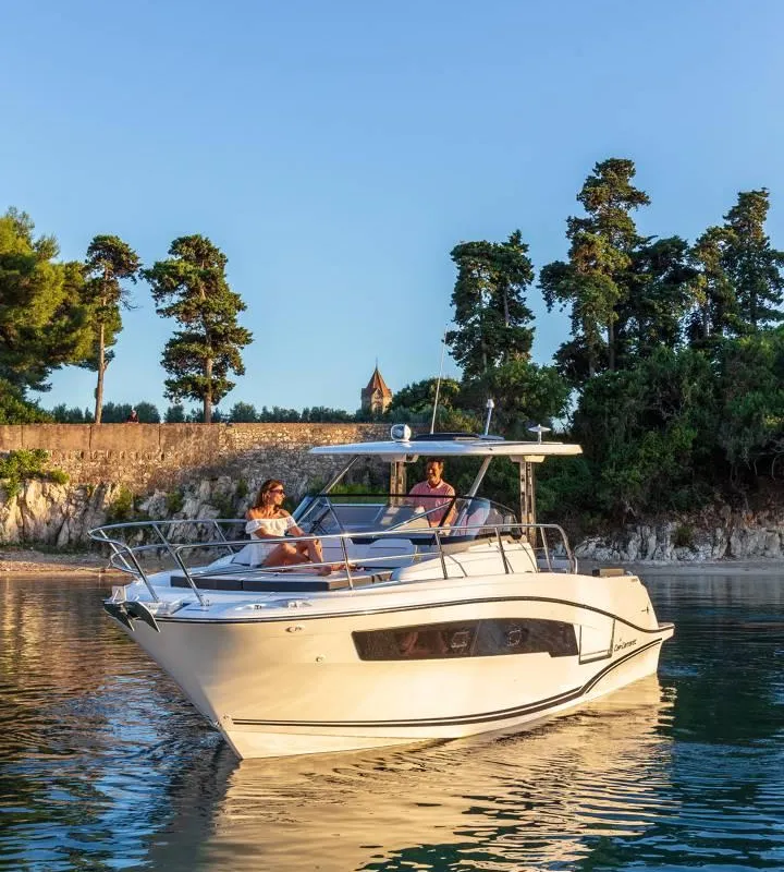 Exterior view of 272679 ZD, a Jeanneau Cap Camarat 10.5 WA motorboat at Zadar, Croatia
