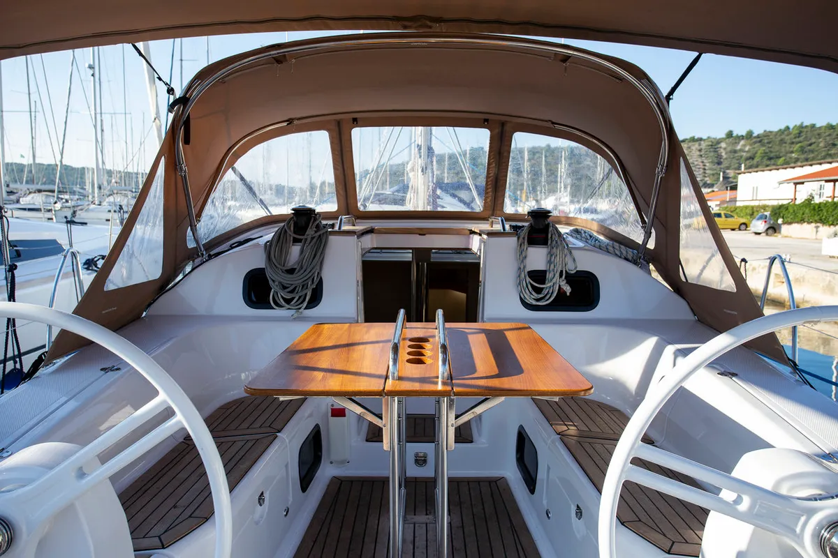 Cockpit of Janina, a Elan Impression 40 sailboat at Grad Pula, Croatia