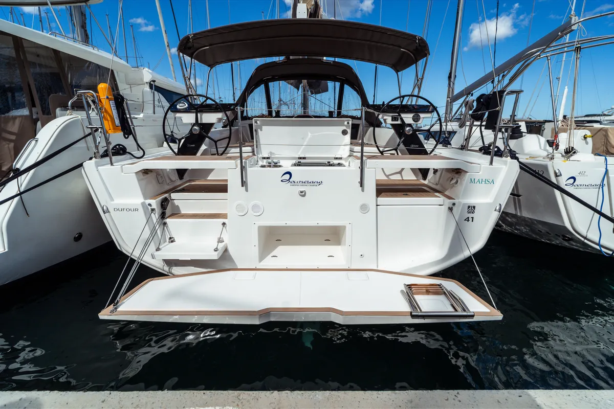 Exterior view of Mahsa, a Dufour 41 sailboat at Olbia, Italy