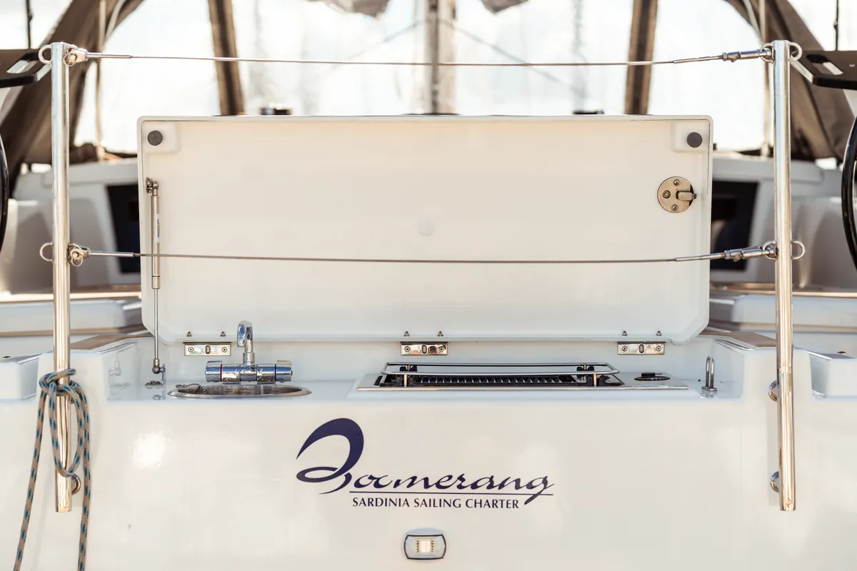 Exterior view of Mahsa, a Dufour 41 sailboat at Olbia, Italy