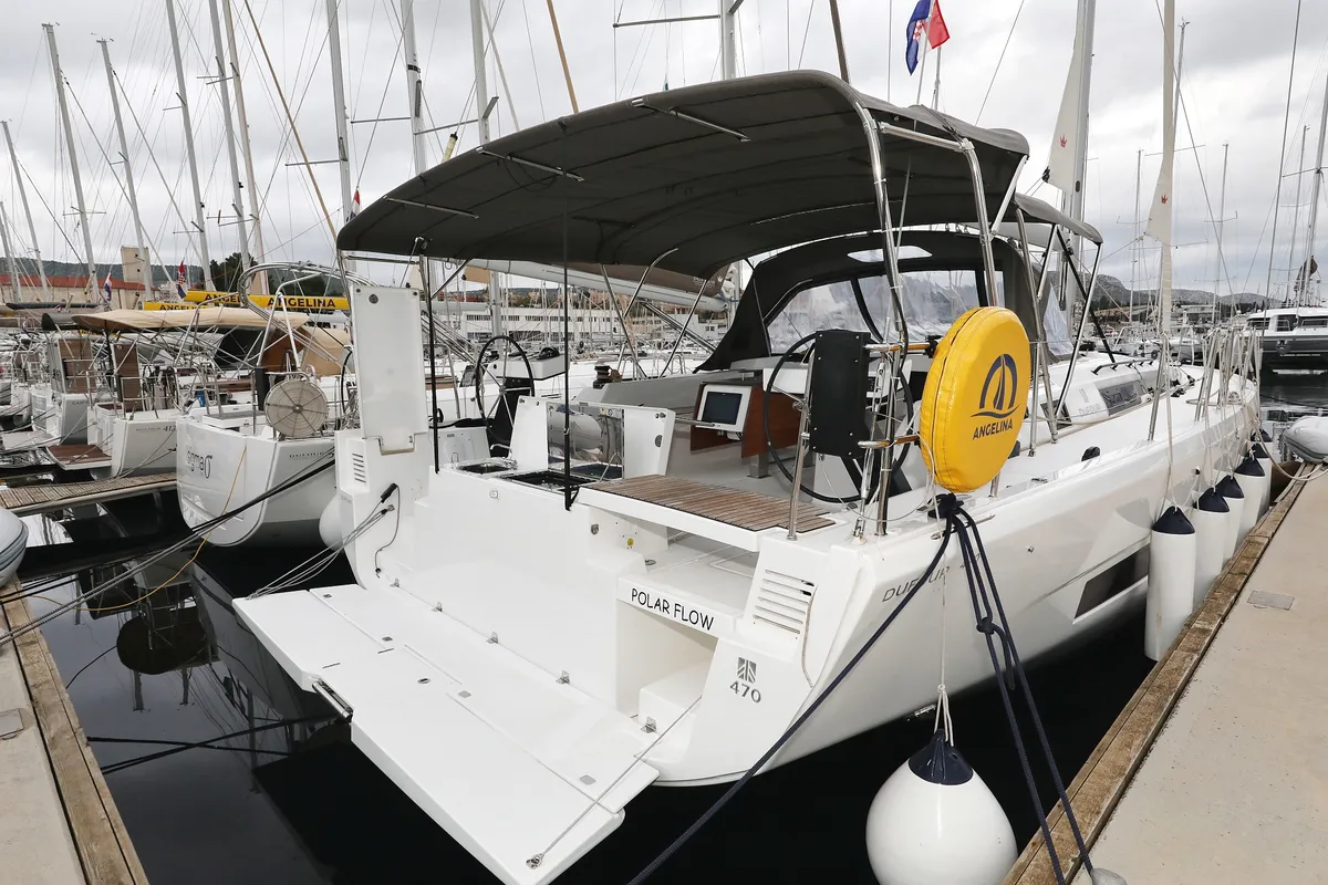 Exterior view of Polar Flow, a Dufour 470 sailboat at Primošten, Croatia