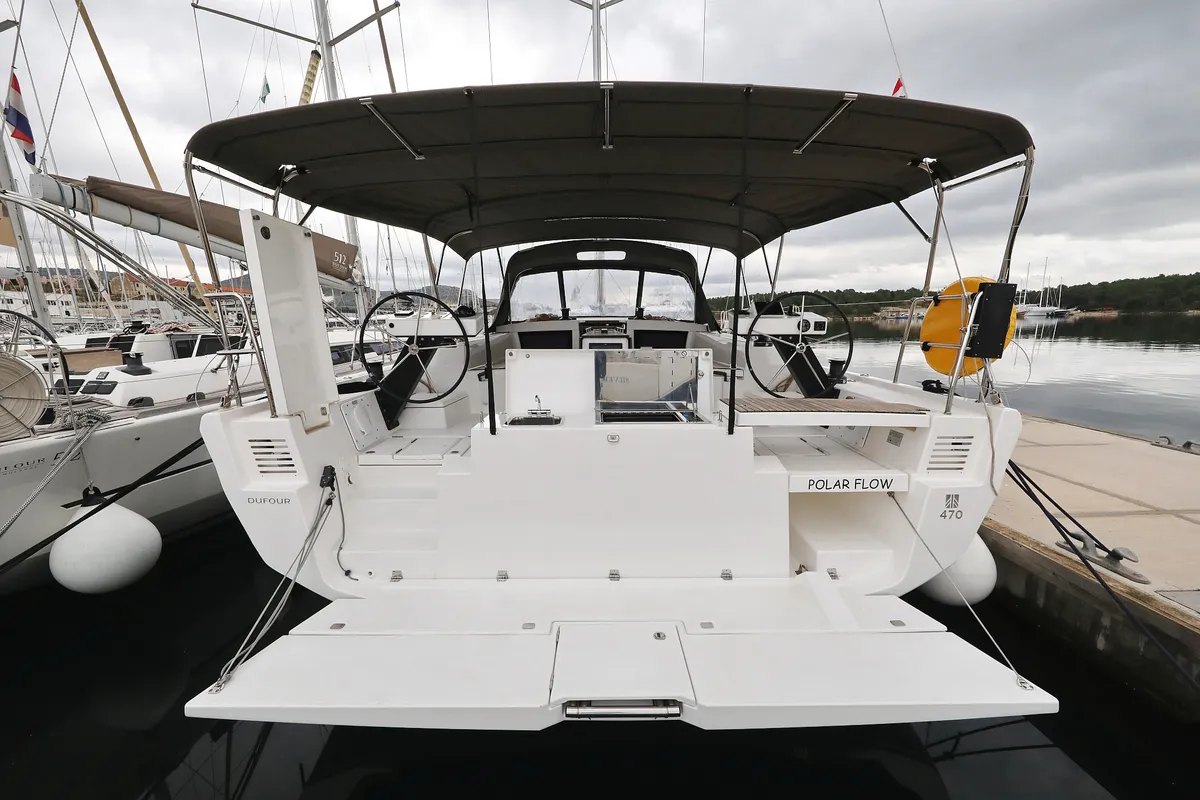 Exterior view of Polar Flow, a Dufour 470 sailboat at Primošten, Croatia