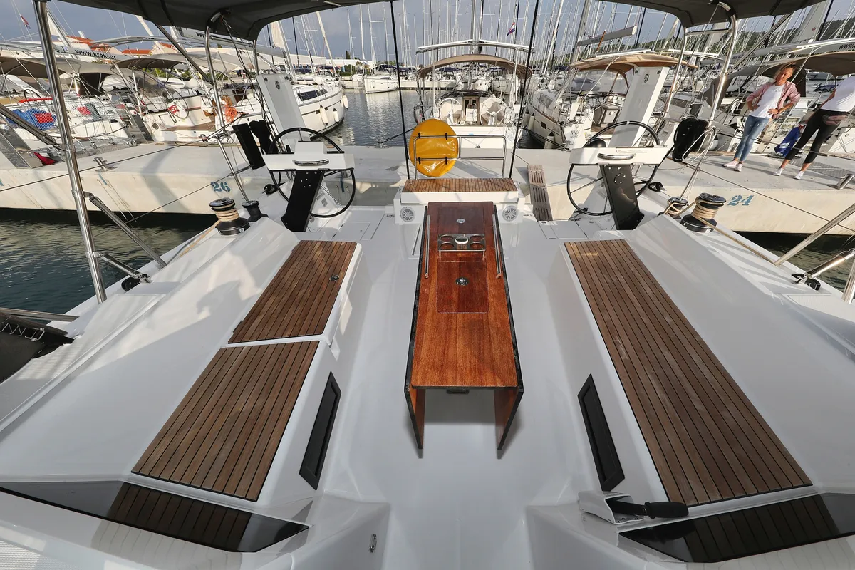 Deck of Polar Flow, a Dufour 470 sailboat at Primošten, Croatia