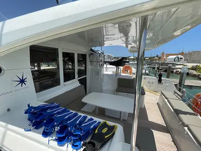 Cockpit of Mala, a Lagoon 40 catamaran at Seget Donji, Croatia