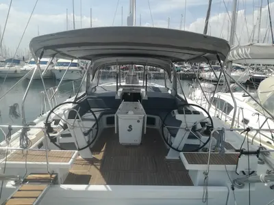 Cockpit of Aeolian Muse, a Beneteau Oceanis 51.1 sailboat at Preveza, Greece