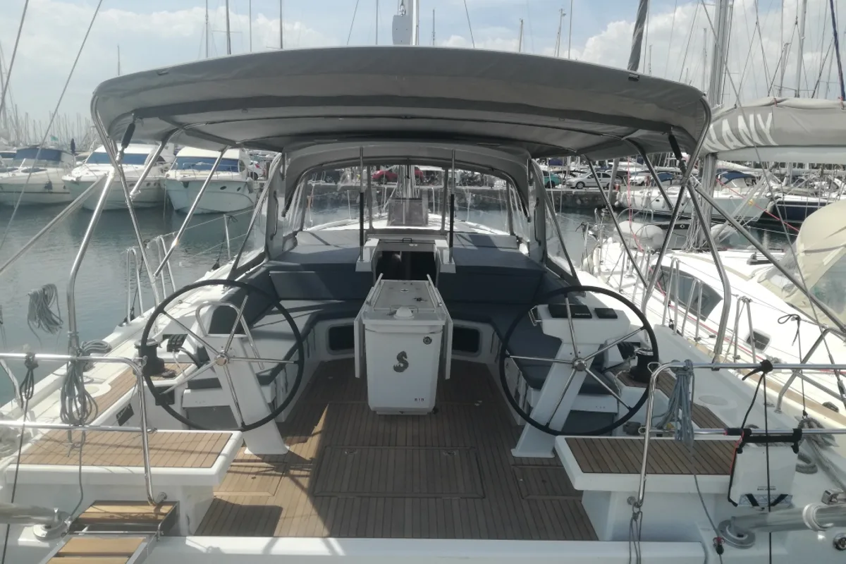 Cockpit of Aeolian Muse, a Beneteau Oceanis 51.1 sailboat at Preveza, Greece