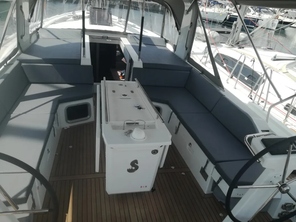 Cockpit of Aeolian Muse, a Beneteau Oceanis 51.1 sailboat at Preveza, Greece