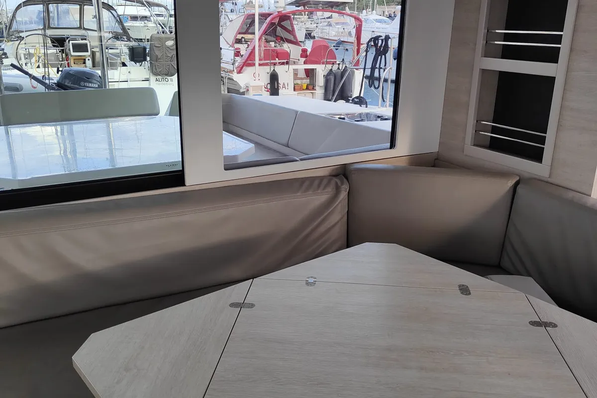 Salon of La Suerte, a Leopard 50 catamaran at Procida, Italy