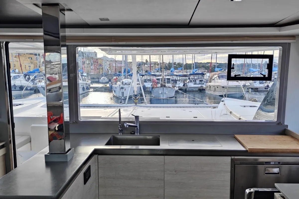 Galley of La Suerte, a Leopard 50 catamaran at Procida, Italy