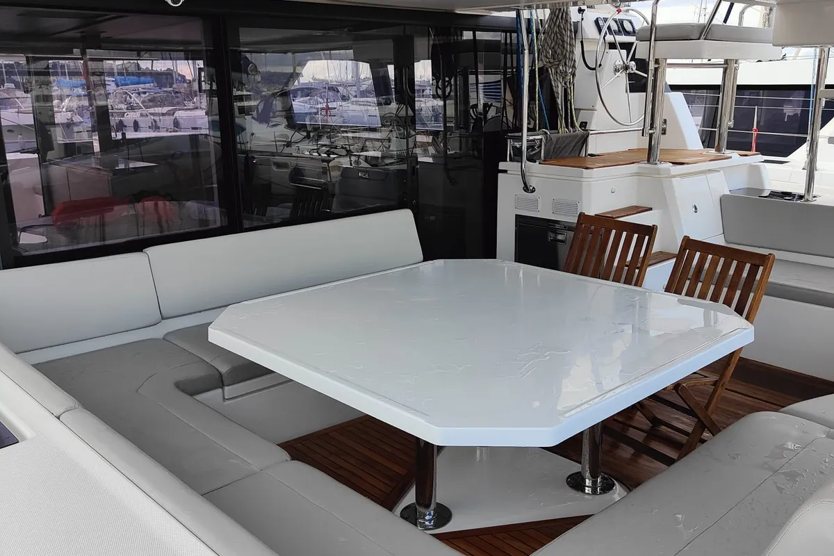 Deck of La Suerte, a Leopard 50 catamaran at Procida, Italy