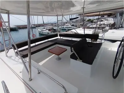 Deck of Errant Vagabond, a Lagoon 51 catamaran at Municipal Unit of Palairos, Greece