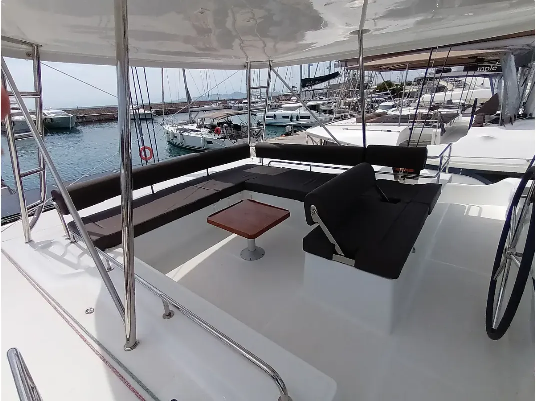 Deck of Errant Vagabond, a Lagoon 51 catamaran at Municipal Unit of Palairos, Greece