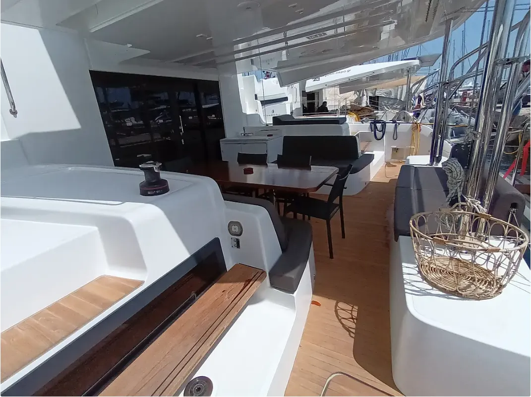 Deck of Errant Vagabond, a Lagoon 51 catamaran at Municipal Unit of Palairos, Greece