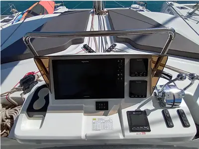Cockpit of Errant Vagabond, a Lagoon 51 catamaran at Municipal Unit of Palairos, Greece