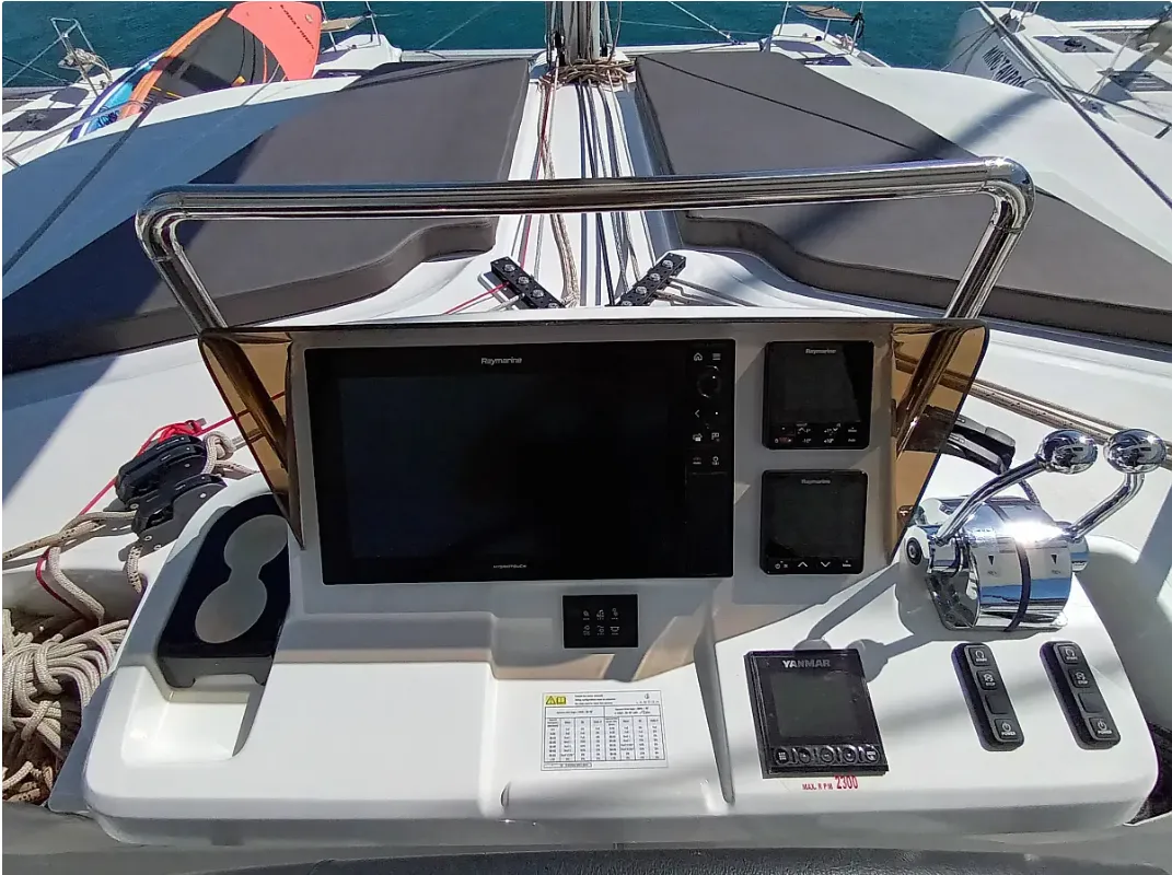 Cockpit of Errant Vagabond, a Lagoon 51 catamaran at Municipal Unit of Palairos, Greece